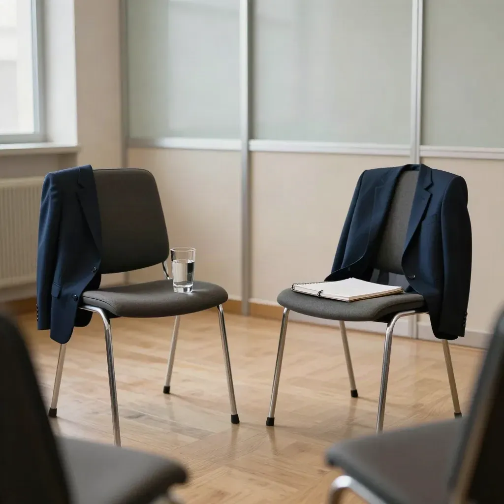 Sala colloquio vuota con due sedie angolate, acqua, taccuino chiuso e blazer drappeggiato.