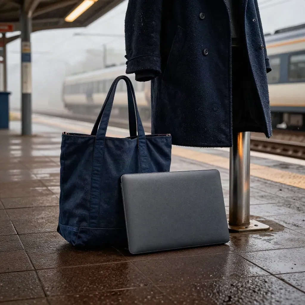 Panchina di stazione con borsa, sleeve per laptop e cappotto sotto la pioggia e la nebbia.