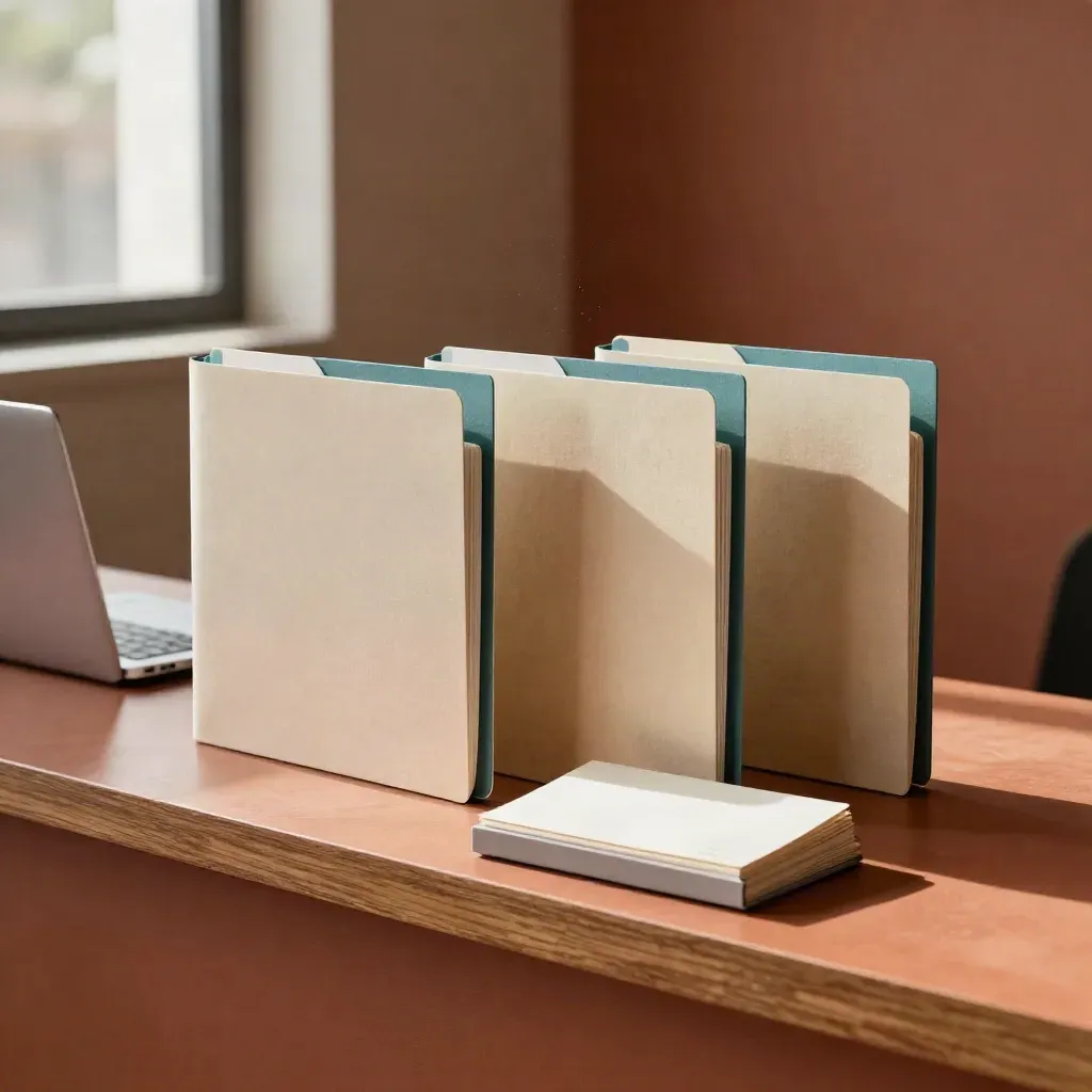 Cartelle allineate, laptop chiuso e schede profilo su banco in terracotta, luce calda da finestra.