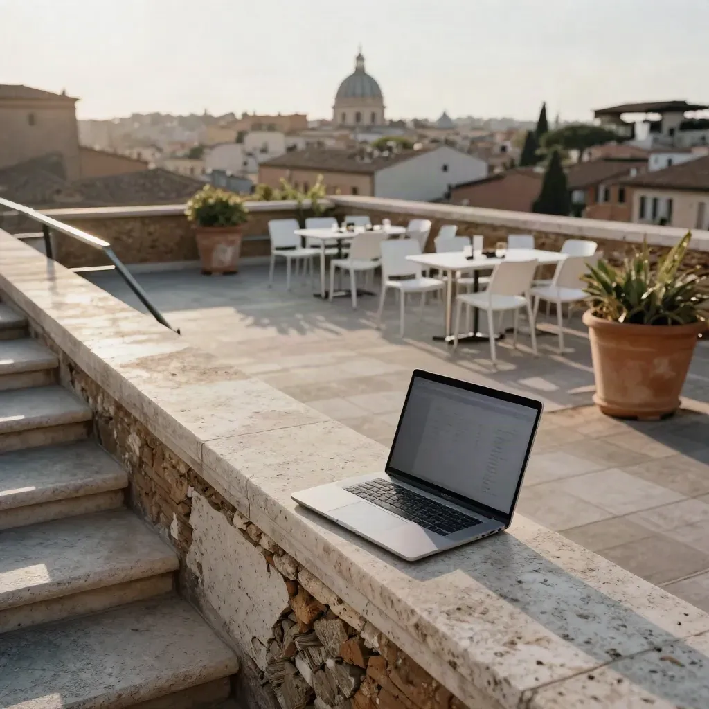 Rooftop coworking romano con laptop chiuso e sedie vuote verso lo skyline.