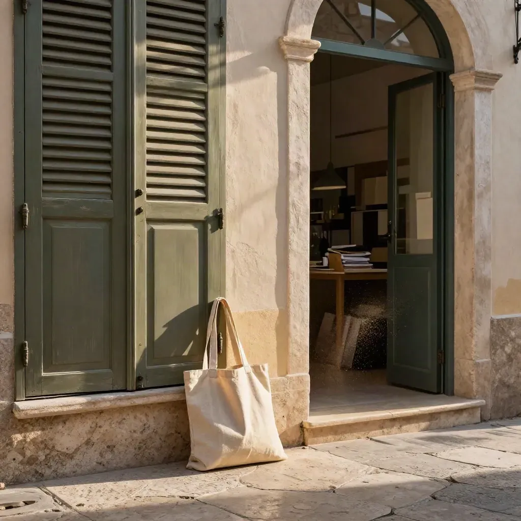 Studio a Palermo con persiane socchiuse, borsa in tela e pavimento di pietra illuminato dal sole.