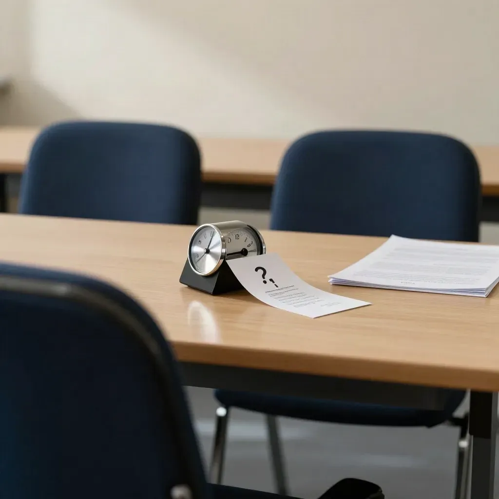 Due sedie vuote e un timer su un tavolo, cartoncino capovolto in una sala colloqui.