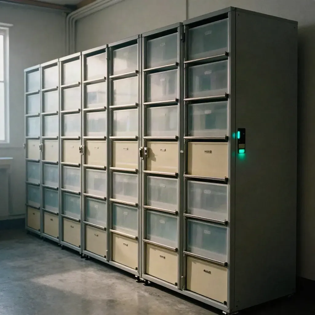 Archivio verticale di talenti con cartelle traslucide e spia teal in un locale freddo e ordinato