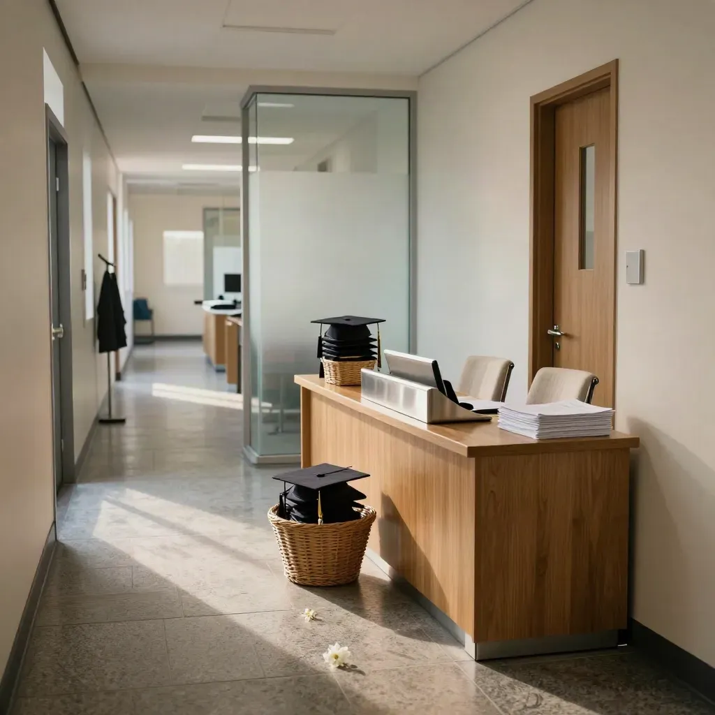 Corridorio universitario per placement con tocco di lauree e sedie vuote, luce mattutina morbida.