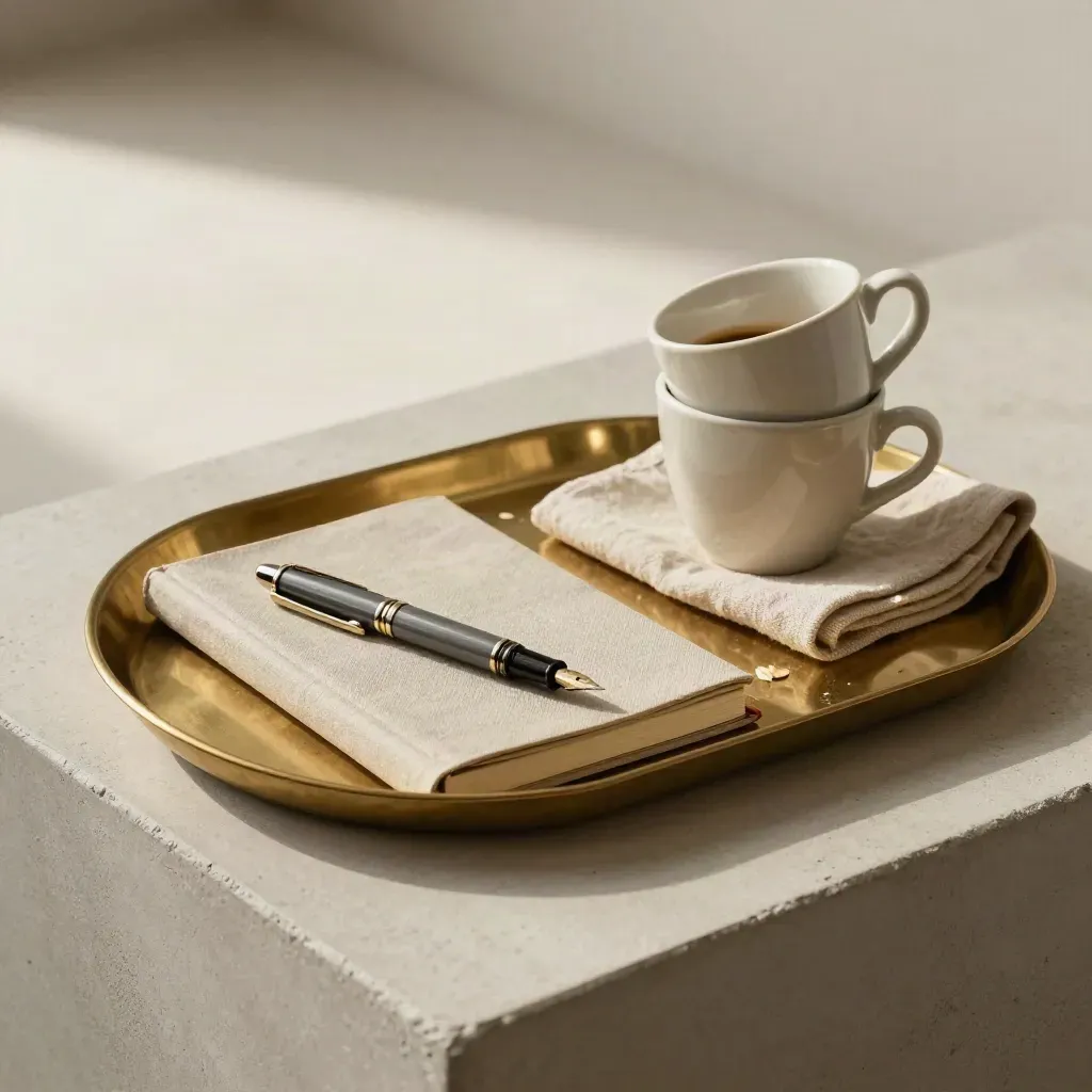 Vassoio in ottone con taccuino chiuso, penna e tazzine da espresso su lino, luce morbida.