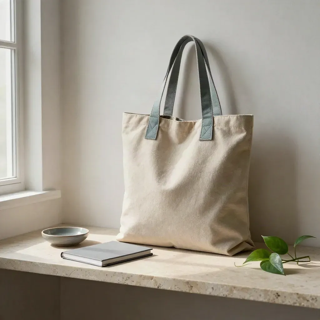 Tote in tela, quaderno e piattino su mensola di pietra con luce morbida.