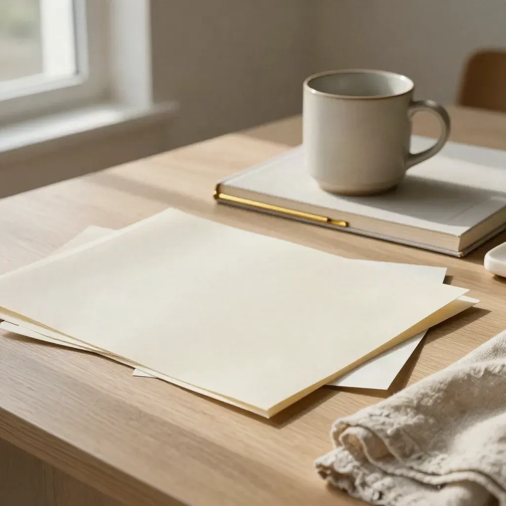 Mood board su legno chiaro con tazza in ceramica, libro chiuso e campioni di carta, luce morbida.